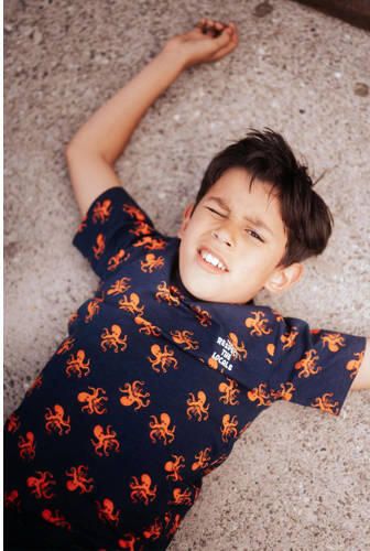 TYGO & vito T-shirt Thijs met all over print donkerblauw oranje Jongens Biologisch katoen Ronde hals 92 - Foto 3