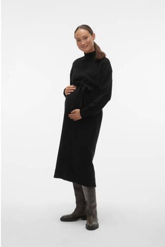 VERO MODA MATERNITY gebreide zwangerschapsjurk VMMKADEN met ceintuur zwart Dames Gerecycled dons Opstaande kraag S