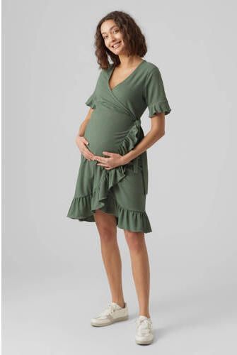 VERO MODA MATERNITY zwangerschapsjurk VMMGELINA met ruches groen Dames Polyester V-hals XL - Foto 2