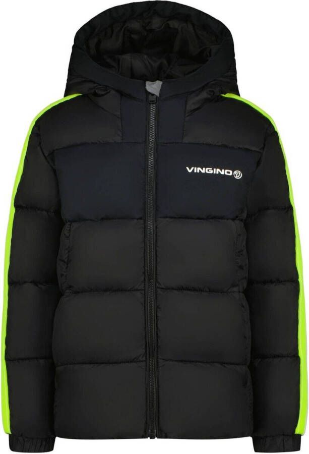 VINGINO gewatteerde winterjas Tiggo zwart neongeel Jongens Nylon Capuchon 104