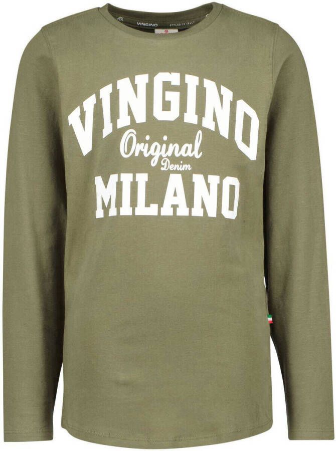 VINGINO longsleeve met logo army groen Jongens Stretchkatoen Ronde hals 116
