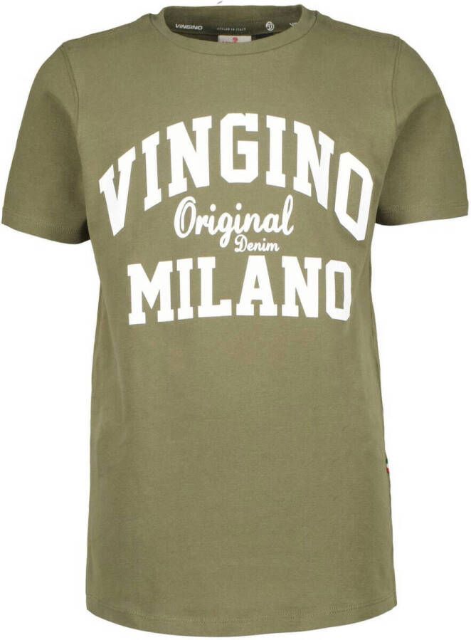 VINGINO T-shirt met logo army groen Jongens Stretchkatoen Ronde hals Logo 104