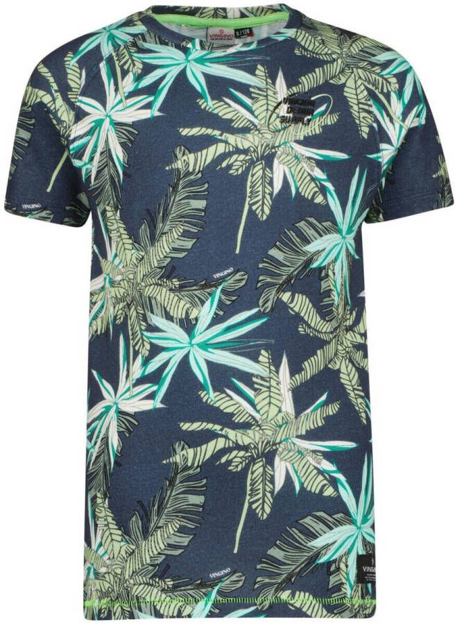 VINGINO T-shirt JEAL met bladprint groen donkerblauw Jongens Katoen Ronde hals 140