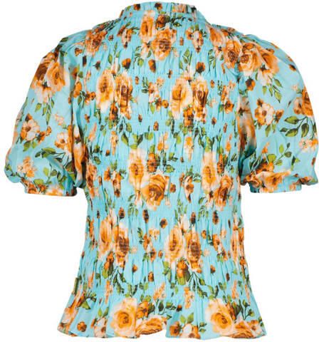 VINGINO gebloemd T-shirt lichtblauw oranje Meisjes Katoen Opstaande kraag 116 - Foto 2