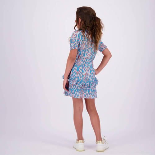 VINGINO jurk Paxie met all over print en volant helderblauw lichtroze Meisjes Polyester Ronde hals 140