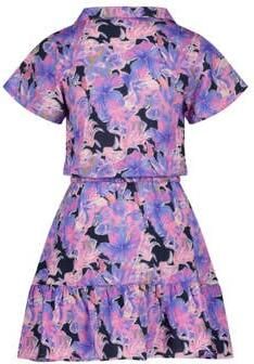 VINGINO jurk Penelop met bloemenprint en volant paars donkerblauw Meisjes Viscose V-hals 140