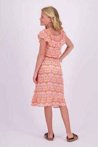 VINGINO off shoulder jurk Peninah met all over print en volant oranje roze geel 140