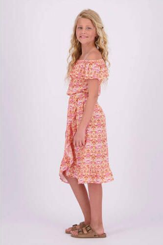 VINGINO off shoulder jurk Peninah met all over print en volant oranje roze geel 140 - Foto 3