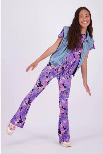VINGINO flared broek Safien met all over print paars roze zwart Meisjes Viscose 164