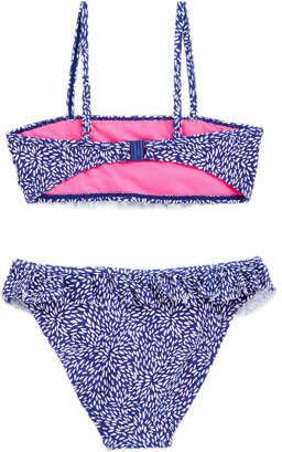 WE Fashion bandeau bikini met ruches blauw wit Meisjes Polyamide All over print 110 116