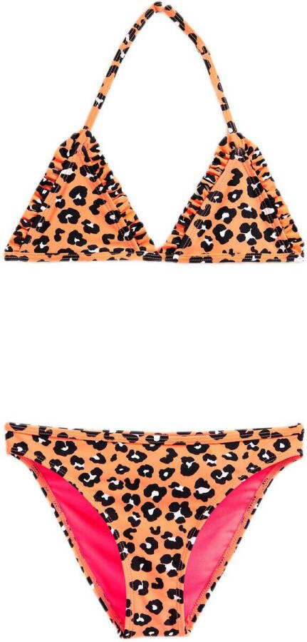 WE Fashion triangel bikini met ruches oranje zwart wit Meisjes Gerecycled polyamide 122 128