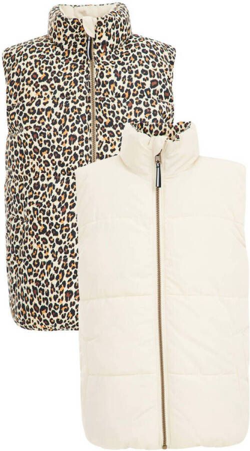 WE Fashion reversible bodywarmer panterprint wit Beige Meisjes Polyester Opstaande kraag 122 128