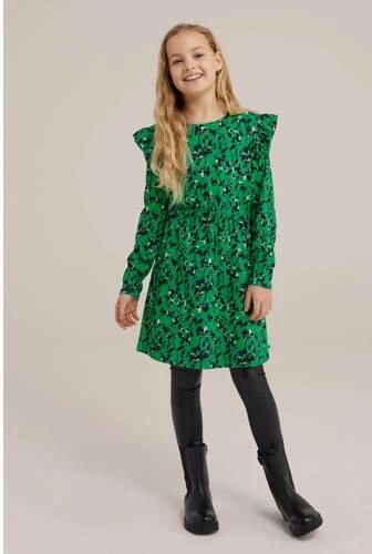 WE Fashion A-lijn jurk met all over print en ruches felgroen zwart Meisjes Katoen Ronde hals 110 116