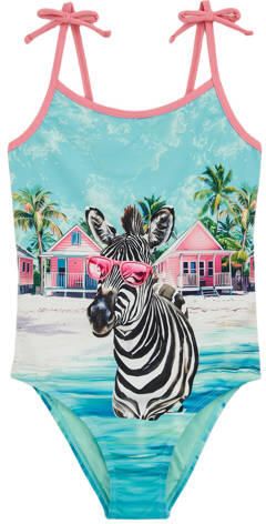 WE Fashion badpak blauw multicolor Meisjes Polyester Printopdruk