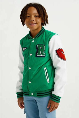 WE Fashion baseball jacket van polyester groen wit Jas Meerkleurig 110 116