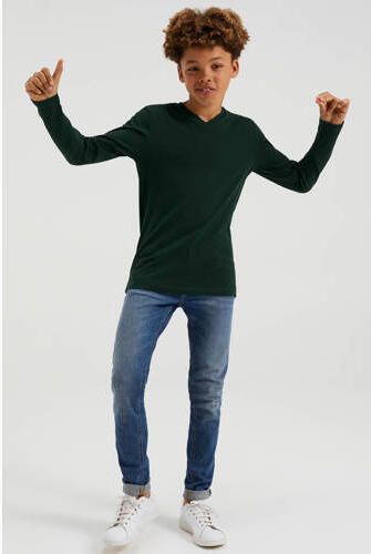 WE Fashion basic longsleeve donkergroen Jongens Stretchkatoen V-hals Effen 110 116 - Foto 4