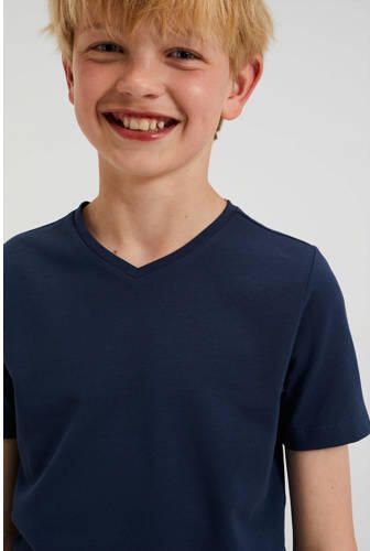 WE Fashion basic T-shirt donkerblauw Jongens Stretchkatoen V-hals Effen 122 128 - Foto 4