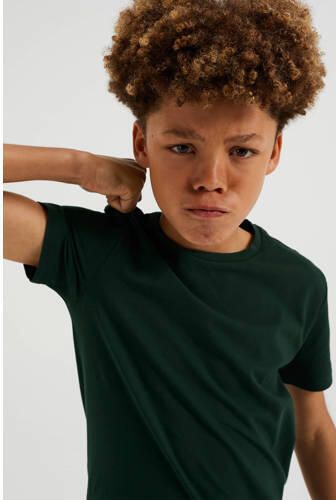 WE Fashion basic T-shirt donkergroen Jongens Stretchkatoen Ronde hals Effen 110 116 - Foto 3
