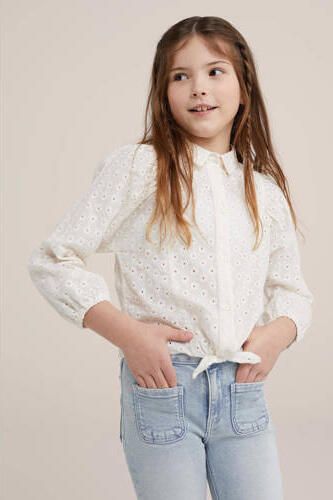 WE Fashion blouse met ruches ecru Meisjes Katoen Klassieke kraag Effen 134 140 - Foto 3