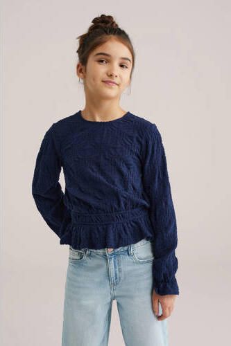 WE Fashion blousetop donkerblauw Meisjes Katoen Ronde hals Effen