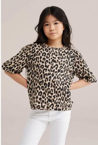 WE Fashion blousetop met panterprint bruin Meisjes Katoen Ronde hals Dierenprint