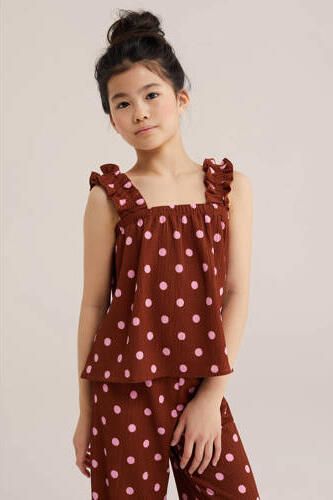 WE Fashion blousetop met stippen donkerbruin Meisjes Polyester Ronde hals