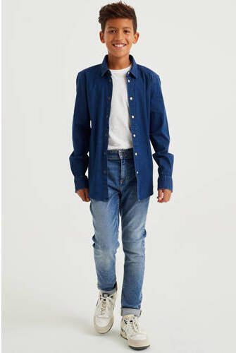WE Fashion Blue Ridge denim overhemd dark blue denim Blauw Jongens Stretchkatoen Klassieke kraag 122 128 - Foto 3
