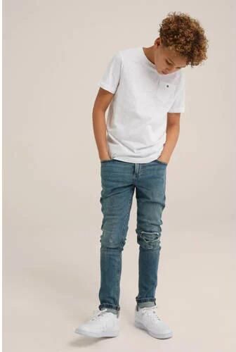WE Fashion Blue Ridge slim fit jeans destroyed denim Blauw Jongens Stretchdenim 110