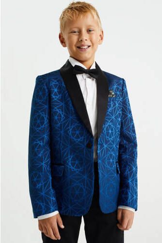 WE Fashion colbert met all over print blauw zwart Jongens Polyester Smokingkraag 110 116