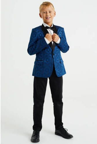 WE Fashion colbert met all over print blauw zwart Jongens Polyester Smokingkraag 110 116 - Foto 3