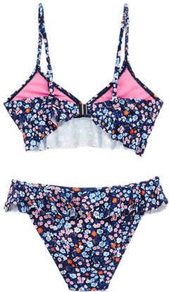 WE Fashion crop bikini met ruches donkerblauw roze Meisjes Polyamide Bloemen 122 128