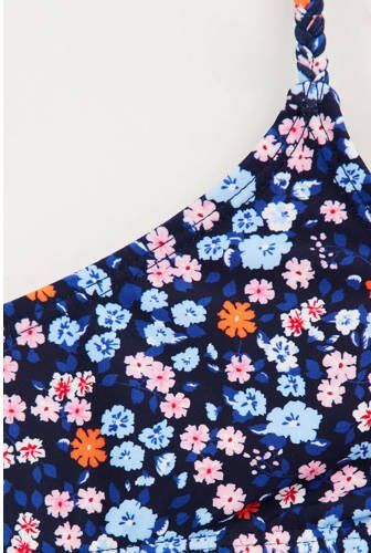 WE Fashion crop bikini met ruches donkerblauw roze Meisjes Polyamide Bloemen 122 128 - Foto 2