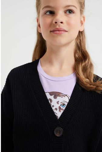 WE Fashion fijngebreid vest zwart Meisjes Sweat V-hals Effen 134 140 - Foto 3