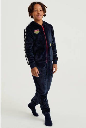 WE Fashion fleece onesie donkerblauw Printopdruk 110 116 - Foto 2