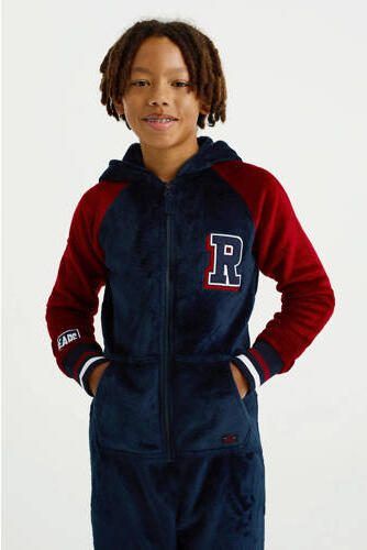 WE Fashion fleece onesie donkerblauw rood Jongens Teddy Capuchon Meerkleurig 122 128 - Foto 2