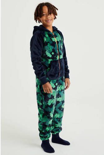 WE Fashion fleece onesie met all over print donkerblauw groen All over print 110 116 - Foto 2