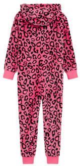 WE Fashion fleece onesie met panterprint felroze zwart Panterprint 134 140 - Foto 2