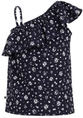 WE Fashion gebloemd one shoulderT-shirt donkerblauw wit Bloemen 110 116