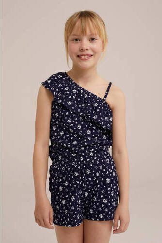 WE Fashion gebloemd one shoulderT-shirt donkerblauw wit Bloemen 110 116 - Foto 2