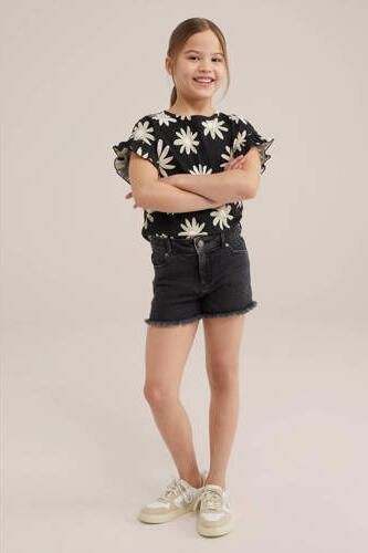WE Fashion gebloemd T-shirt black uni Zwart Meisjes Katoen Ronde hals Bloemen 134 140 - Foto 1