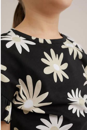 WE Fashion gebloemd T-shirt black uni Zwart Meisjes Katoen Ronde hals Bloemen 134 140 - Foto 2