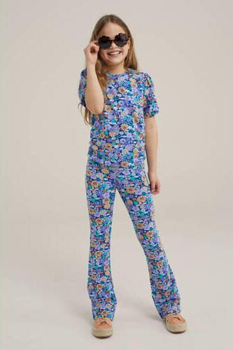 WE Fashion gebloemd T-shirt blauw Meisjes Katoen Ronde hals Bloemen 110 116 - Foto 2