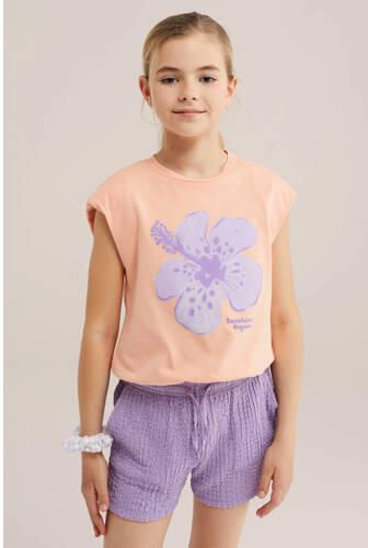 WE Fashion gebloemd T-shirt oranje Meisjes Katoen Ronde hals Bloemen