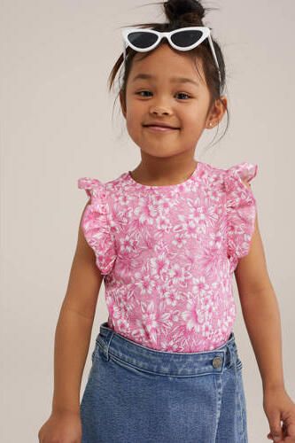 WE Fashion gebloemd T-shirt roze Meisjes Katoen Ronde hals Bloemen 122 128 - Foto 2