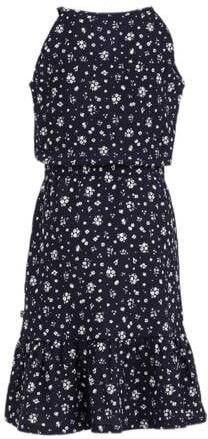 WE Fashion gebloemde halter jurk donkerblauw wit Bloemen 158 164