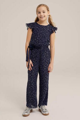 WE Fashion gebloemde jumpsuit donkerblauw Meisjes Gerecycled polyester Ronde hals 116 - Foto 3