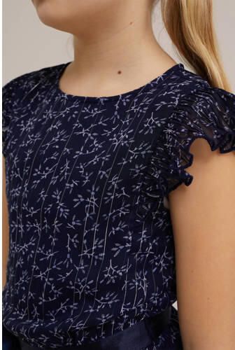 WE Fashion gebloemde jumpsuit donkerblauw Meisjes Gerecycled polyester Ronde hals 116 - Foto 2
