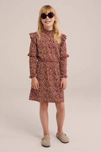 WE Fashion gebloemde jurk bruin wit Meisjes Polyester Ronde hals Bloemen 122 128