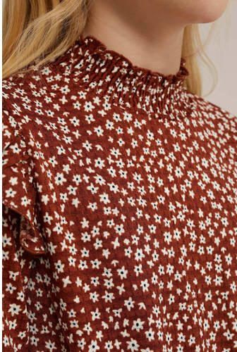 WE Fashion gebloemde jurk bruin wit Meisjes Polyester Ronde hals Bloemen 122 128 - Foto 2