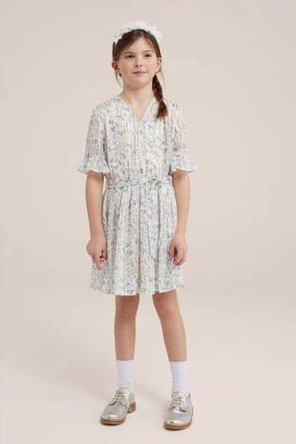 WE Fashion gebloemde jurk ecru Meisjes Gerecycled polyester V-hals Bloemen 92